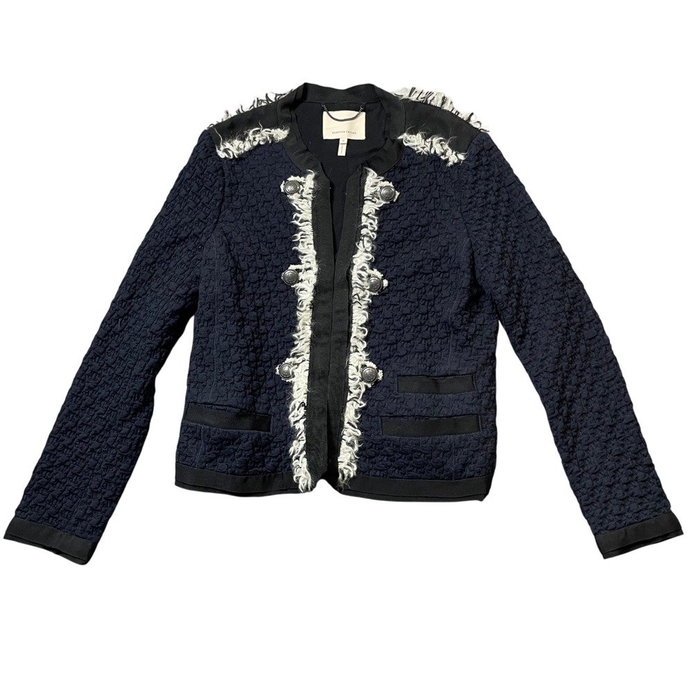 Rebecca Taylor 10 Navy Open Front Jacket Acrylic Wool Lined Lyocell